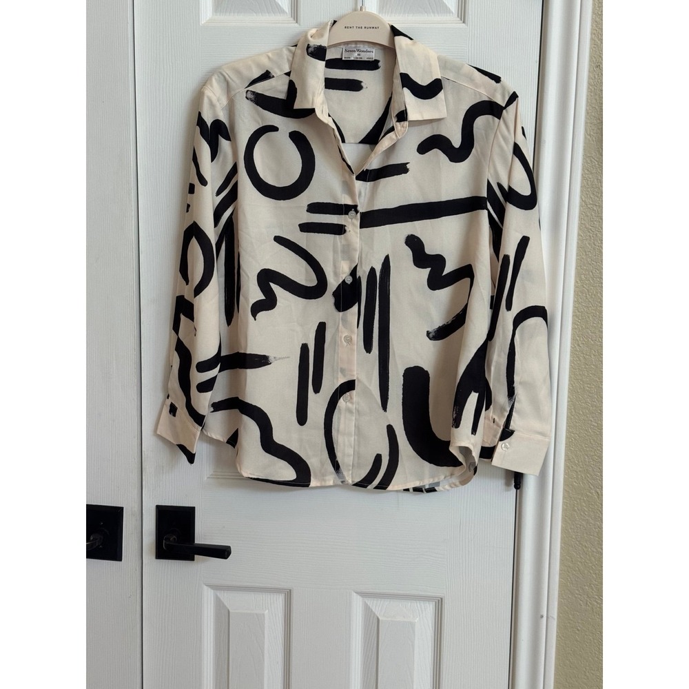Seven Wonders Abstract Button Up Blouse XS Black Ivory Artsy Scandinavian Yu